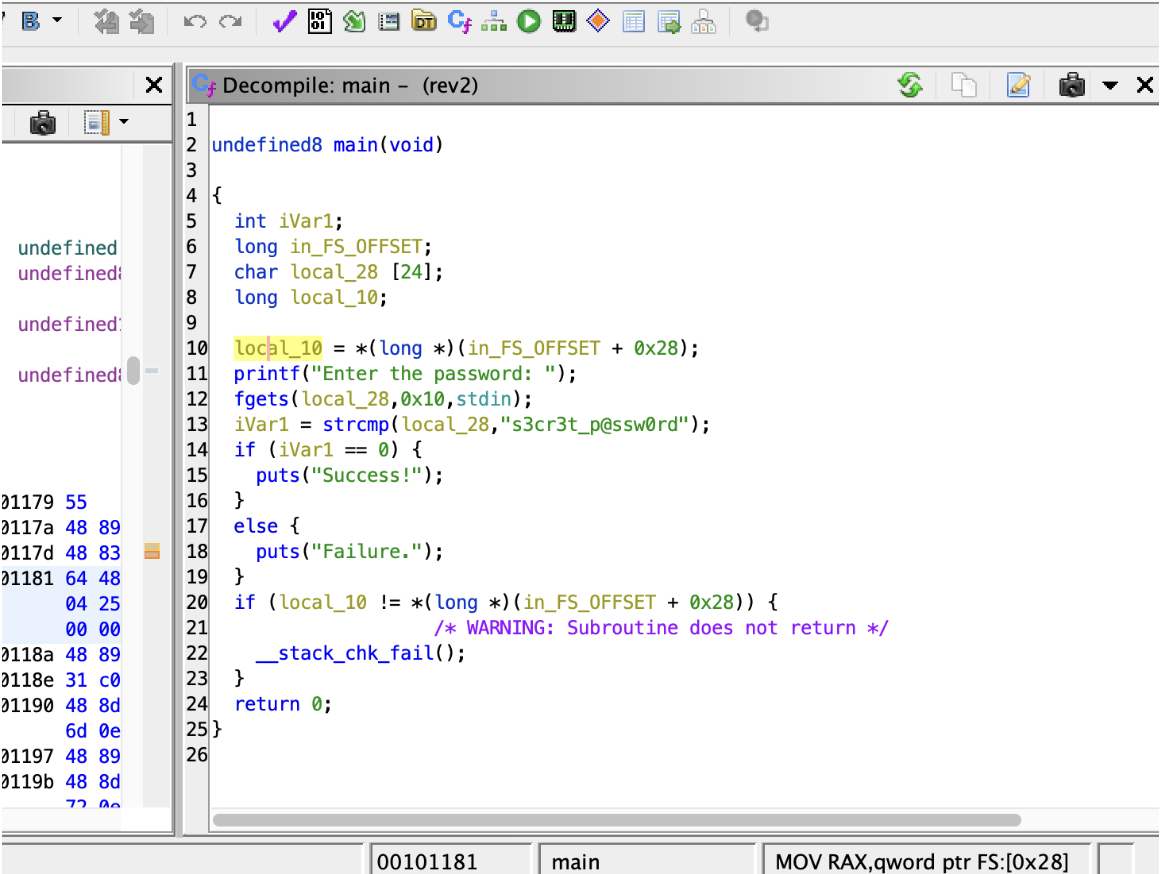 Screenshot of Ghidra window, zoomed in to the right panel. The cursor is on the line "local_10 = *(long *)(in_FS_OFFSET + 0x28);"