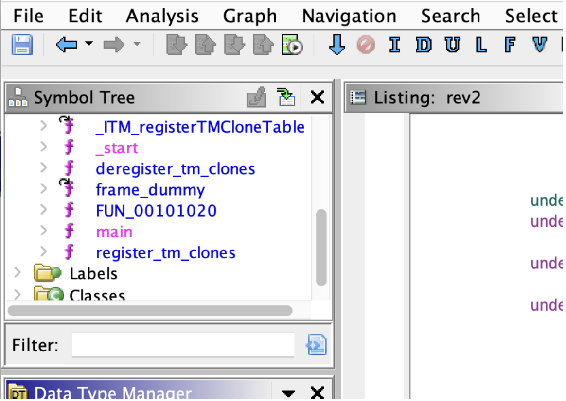 Screenshot of Ghidra window, zoomed in to the top left panel. A list of functions, including "main", is shown.